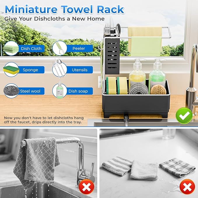 Kitchen Sink Caddy with Stainless Steel Towel Holder, Handy Sponge Holder for Kitchen Sink with Extending Drain Spout, No-Tool Assembly Space Saver for sink Countertop Accessories(Black)