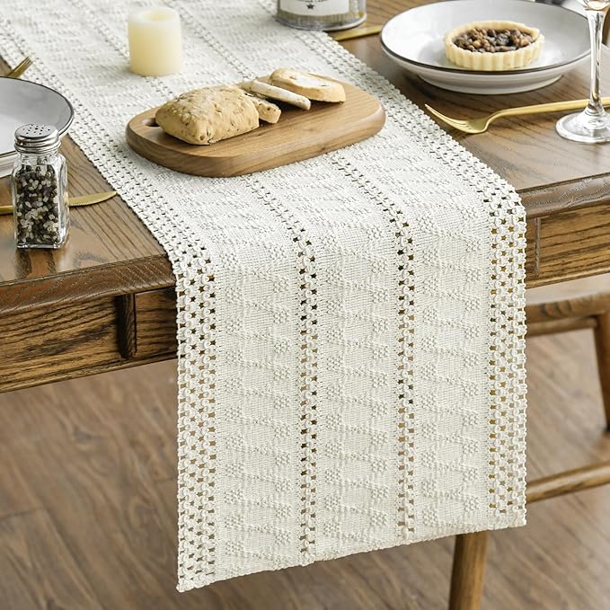 Artoid Mode Beige Farmhouse Woven Rustic Hollow Table Runner, Seasonal Holiday Hollow Kitchen Dining Table Decoration for Home Party Decor 12x108 Inch