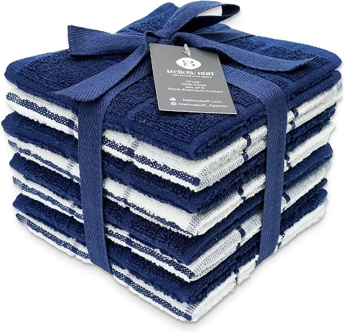 100% Cotton Terry Dish Cloth & Dish Towel, 8 Pack, Super Soft and Absorbent Kitchen Towels, Perfect for Kitchen Cleaning and Dish Washing (Navy (Solid and Check) 8 Pack)