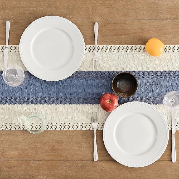 ZeeMart Macrame Style Bicolor Stitching Table Runner, 14 x 72 Inch Blue/Ivory, Boho Blue Table Runners 72 Inches Long, Farmhouse Woven Home Decor