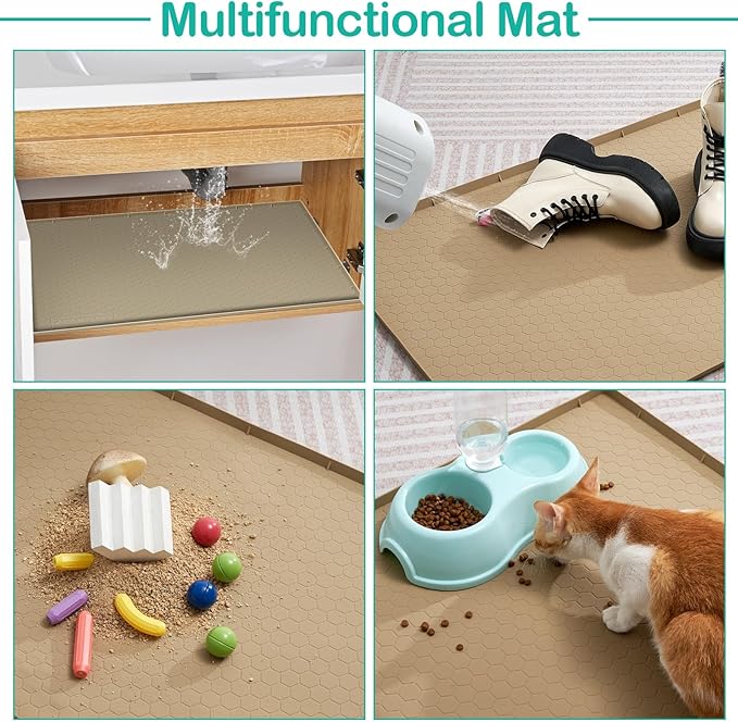 Waterproof Under Sink Mat 28" x 19", Silicone Cabinet Liner, Rubber Protector for Kitchen and Bathroom, Keeps Cabinets Clean, Dry, and Organized (Khaki)