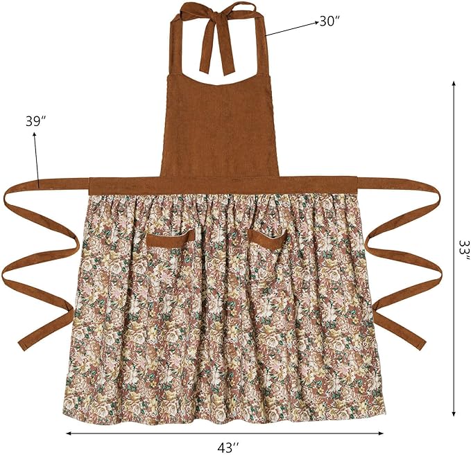 Cute Floral Aprons for Women with Pockets,Cotton Adjustable Neck Strap Apron for Kitchen Cooking Baking Gardening