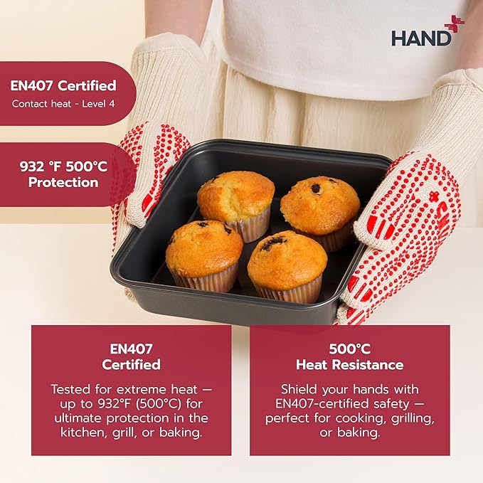 Hand+ Heat Resistant Oven Gloves (Size L/XL) 932°F / 500°C for BBQ Baking Cooking Smoker Fireplace Camping with Silicone Grip Thermo Dot Level 4 EN407 Certified