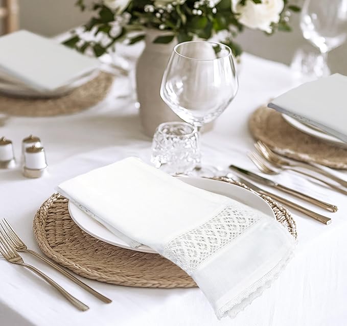COTTON CRAFT Cloth Napkins with Lace - Set of 8 Elegant Everyday Fall Harvest Thanksgiving Holiday Table Lunch Dinner Napkins - 100% Cotton Soft Washable Reusable Serviette - 17x17 inches - White