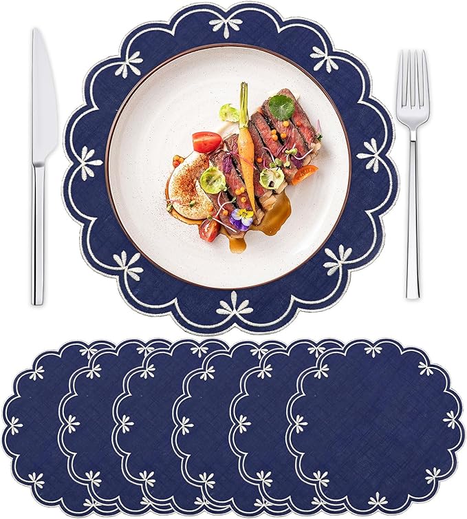 SK Studio Set of 6 Cotton Linen Placemats, 15x15 Round Scalloped Cloth Table Mats, Embroidery Double Layered Washable Dining Placemat for Hotel Restaurant Kitchen, Navy Blue