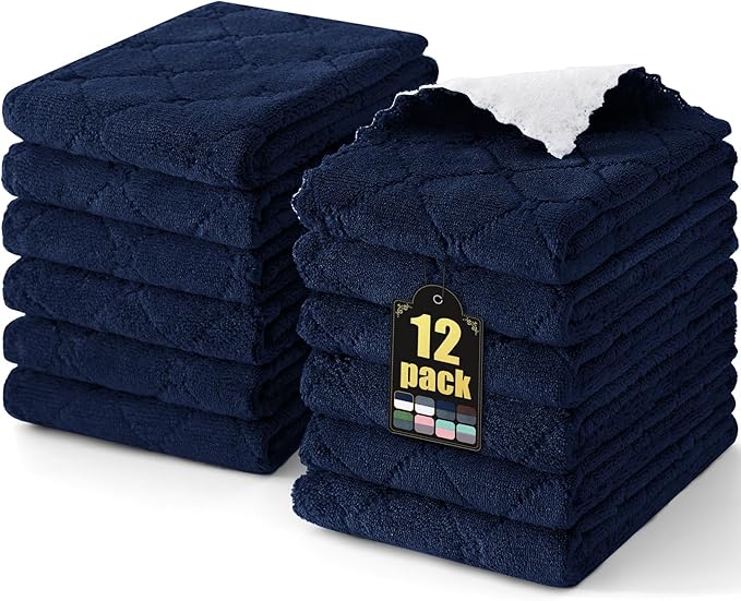 Mordimy 12 Pack Kitchen Towels (20" x 10", Navy Blue & White), Super Soft and Absorbent Dish Towels, Coral Velvet Microfiber Cleaning Cloth, Nonstick Oil Fast Dry Dish Cloths