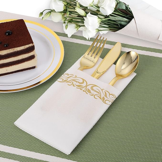 FOCUSLINE 200 Linen Feel Disposable Bathroom Napkins, Soft and Absorbent Paper Guest Towels, Cloth-Like Paper Hand Towels Decorative Napkins for Parties, Weddings, Dinners or Events, Gold, 12" x 17"
