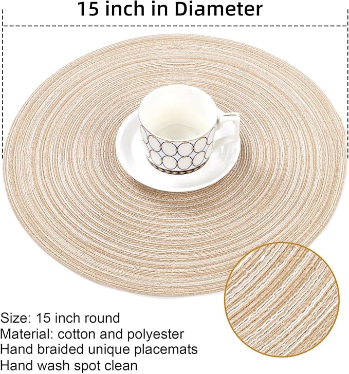SHACOS Round Placemats Set of 6 Cotton Polyester Braided Place Mats 15 inch Heat Resistant Washable Table Mats for Kitchen Dining Party Natural Table Decor (Beige, 6)