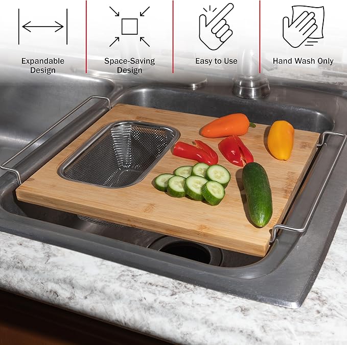Cutting Board with Strainer - 2 in 1 Adjustable Bamboo Chopping Board with Removable Stainless Steel Colander for Over the Sink by Classic Cuisine