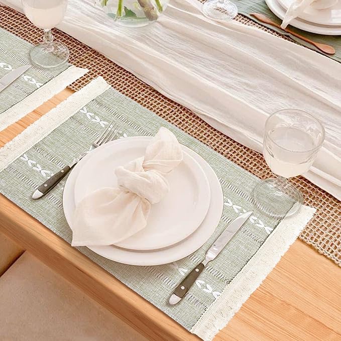 Cotton Linen Placemats Set of 6, Boho Hemstitch Place Mats with Fringe, Washable Table Mats for Dining Table, Rustic Farmhouse Kitchen Decor Home Decor