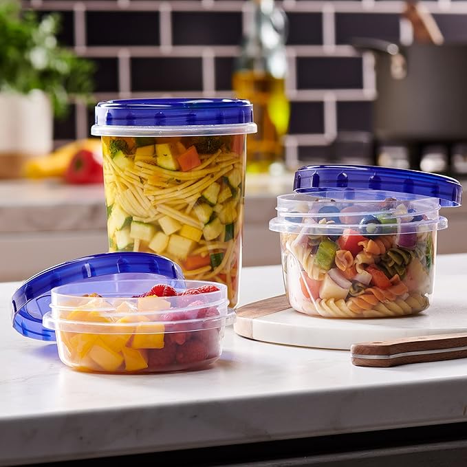 PLASTICPRO 12 Pack Twist Cap Food Storage Containers with Blue Screw on Lid- 16 oz Reusable Meal Prep Containers - Freezer and Microwave Safe Blue Plastic Food Storage