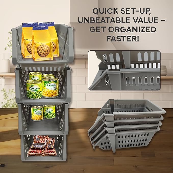 TidyFriend Small Plastic Stackable Storage Bins for Pantry,4 Pack Open Front Storage Bins,Toy Organizers, Kitchen, Bathroom Essentials (Dark Grey)