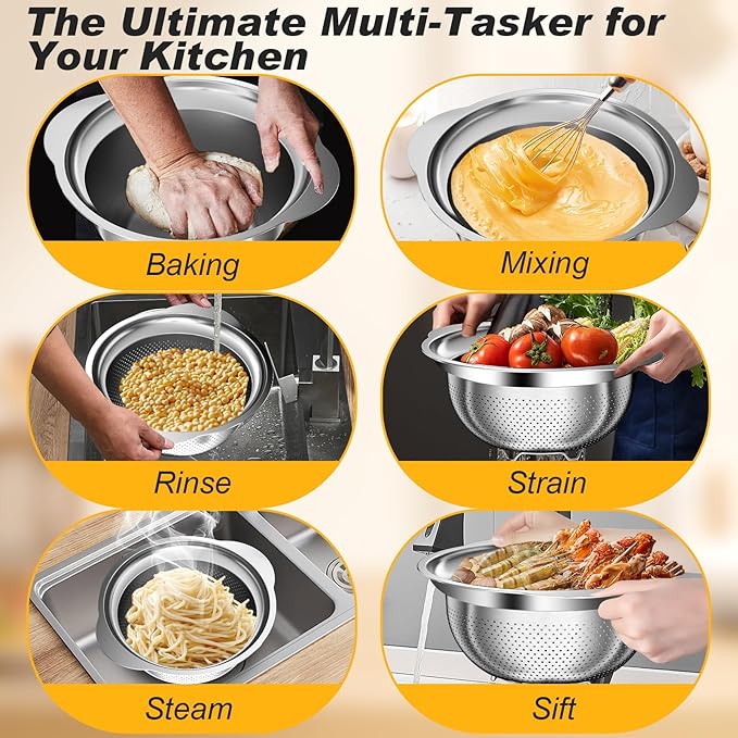 Colander, Stainless Steel Colander with Mixing Bowls (3.5QT), 3Pcs Strainer for Kitchen Gadget Food Strainer Basket with Handle, Colanders Bowl for Pasta Noodles Spaghetti Vegetables Fruit (3.5+3+2QT)