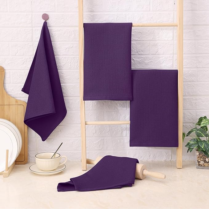 Homaxy 100% Cotton Waffle Weave Kitchen Towels - 4 Pack Soft and Absorbent Dish Towels - 16 x 26 Inches Quick Dry Hand Towels - Eggplant