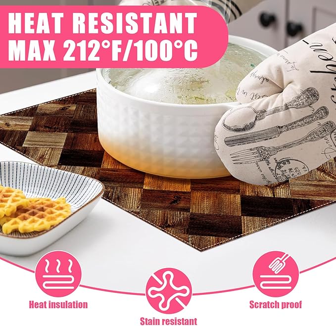 Vintage Wood Grain Placemats Set of 6,12x18 Inch Linen Place Mat Washable Stain Resistant Table Mats for Spring Summer Seasonal Farmhouse Kitchen Party Home Decor