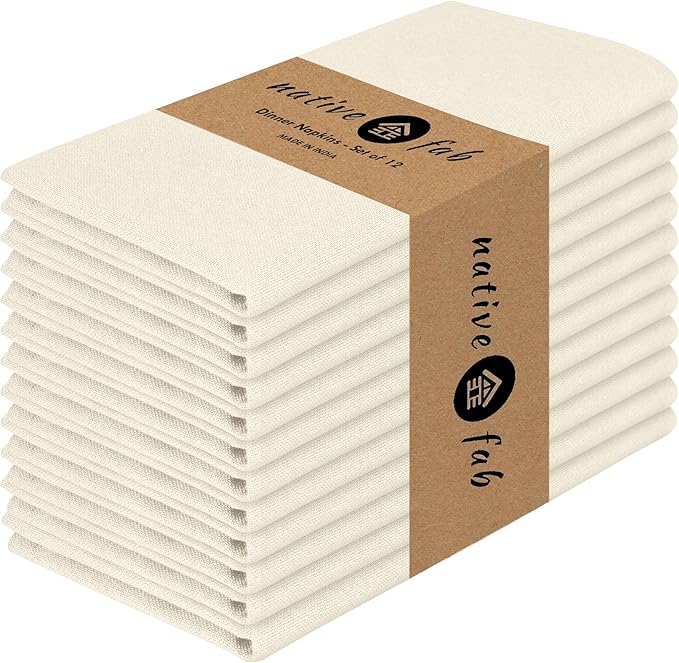 Native Fab Cloth Dinner Napkins, 12 Pack, 100% Cotton, 17x17 Inches, Soft Texture, Machine Washable, Colorfast, Suitable for Easter Lunch, Bridal Showers, Tea Parties, Formal Dining, Ivory