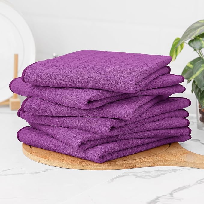 Homaxy Microfiber Waffle Weave Kitchen Towels Set, 16 x 28 Inch and 12 x 12 Inch Ultra Absorbent and Solid Color Dish Towels, 8 Pack, Purple
