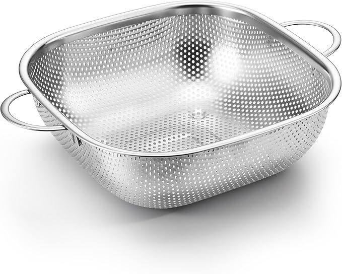 E-far 4QT Square Stainless Steel Colander - Metal Strainer with Handle for Draining Pasta & Vegetables, Micro-Perforated & Elevated Feet, Dishwasher Safe