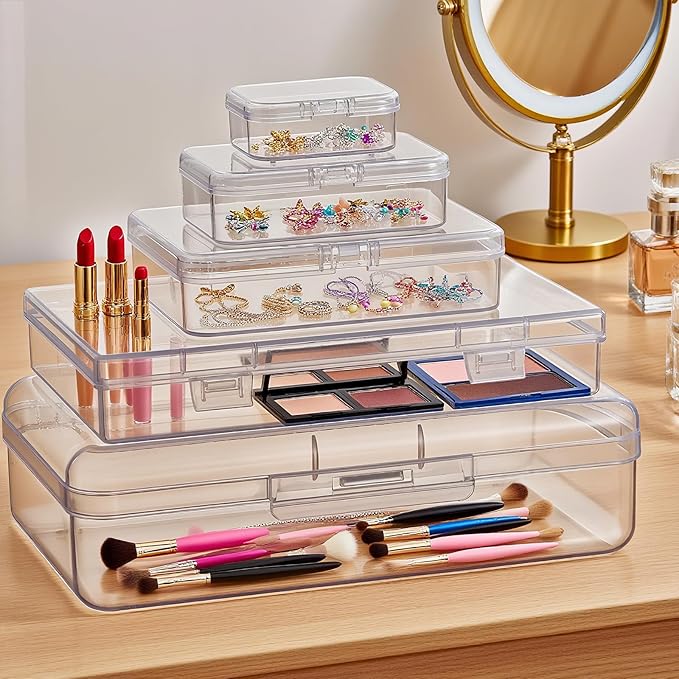 Goodma 42 Pieces Mixed Sizes Rectangular Empty Mini Clear Plastic Organizer Storage Box Containers with Hinged Lids for Small Items and Other Craft Projects