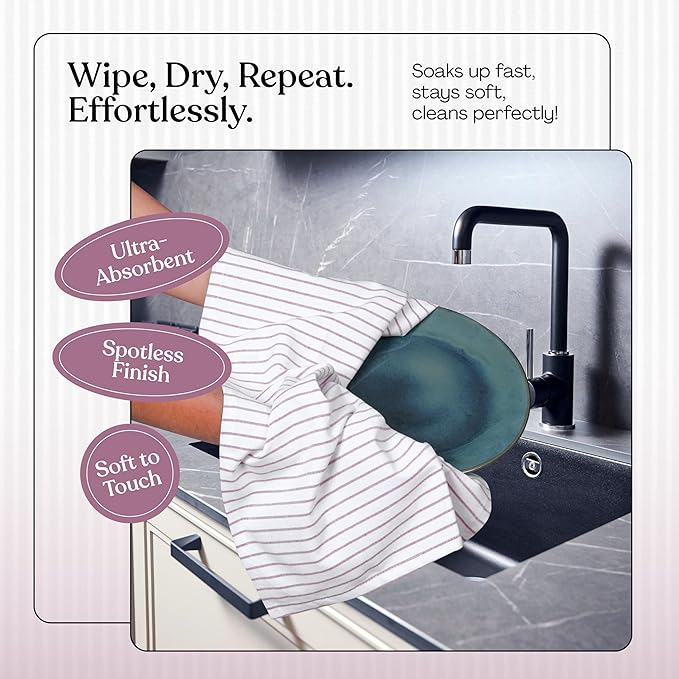 Burgundy Striped Kitchen Dish Towels (12-Pack), Quick Dry, Ultra Absorbent & Durable, 100% Cotton Classic Stripe Towels for Drying Dishes, Wiping, and Daily Kitchen Cleanup