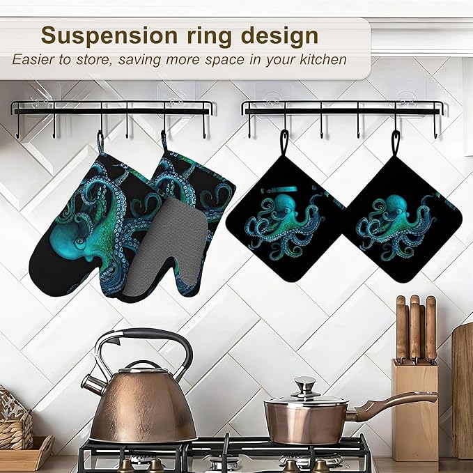 Oven Mitts and Pot Holders Green Octopus Silicone Kitchen Accessories Set of 4 Heat Resistant Gloves Potholder Non-Slip Grip for Chef Cooking Baking Grilling BBQ