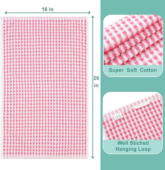 SALAS Cotton Dish Towels Cloths for Kitchen Drying Dishes, Lattice Terry Towels, Highly Absorbent Kitchen Cloths with Hanging Loop, 16‘’ x 26‘’, 4 Packs, Pink