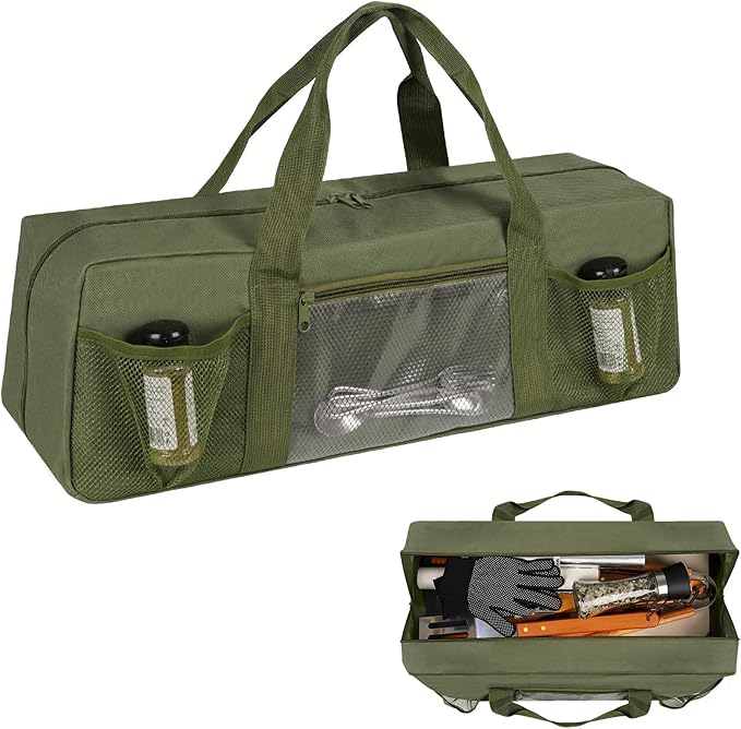 Grill Tool Storage Bag, Large Grill Utensil Storage Caddy with Pockets, BBQ Tools Storage Bag for Outdoor Camping (Green)