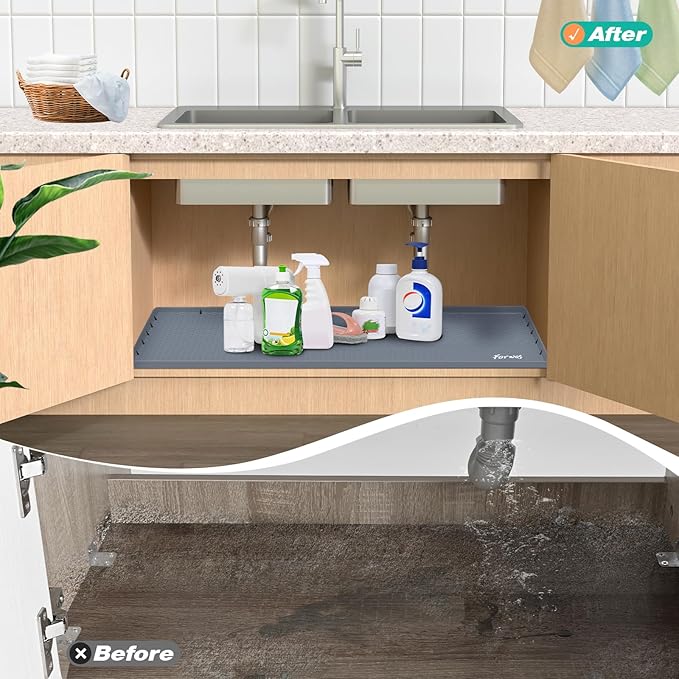 Waterproof Under Sink Mat 22" x 19", Silicone Cabinet Liner, Rubber Protector for Kitchen and Bathroom, Keeps Cabinets Clean, Dry, and Organized (Grey)
