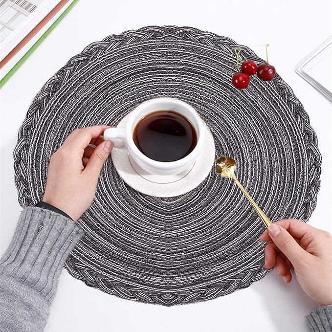 Indoor and Outdoor Round Cotton Placemat, Non Slip Round Braided Placemats Cotton Polyester Table Mats for Dining Tables 15 inch (Gray and Black, Set of 4)