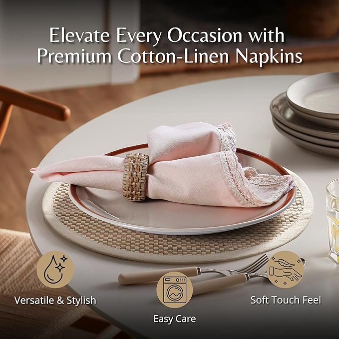 Ramanta Home Linen Flax Cloth Napkins Set of 24 Pink, 18x18 Inch | Easter Premium Cotton Linen Flax Lace Soft & Durable | Washable Ideal for Spring Basket Décor, Wedding Parties, Kitchen, Everyday Use