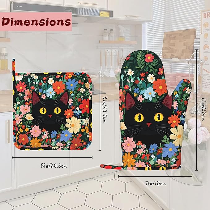 Funny Black Cat Heat-Resistant Silicone Oven Mitts and Pot Holders 4 Piece Set,Flower Field Extra Long Non-Slip Kitchen Oven Gloves for Cooking, Baking, BBQ,Grilling