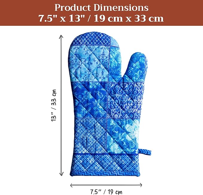 Maison d'Hermine Oven Gloves 100% Cotton Oven Mitt 7" x 13" with Loop Heat Resistant BBQ Cooking Gloves Baking Grilling Gifts for Mothers Day Spring/Summer (Pack of 1, Indigo Love)