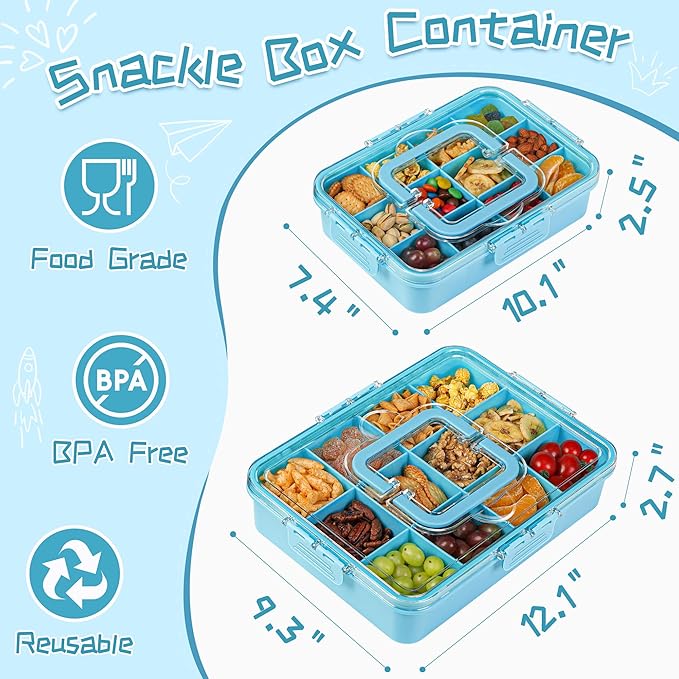 Xyptorix Snack Box Container for Kids - Adjustable 12-Compartment Snack Containers, Reusable Bento Box, Dishwasher Safe, BPA-Free, Perfect for School, Travel, Camping & Picnic, Blue, Large