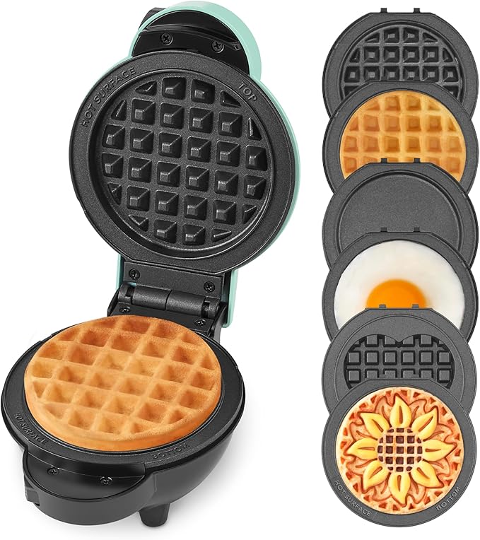 Dash MultiMaker® Mini Maker System - Compact Waffle Maker for Family Breakfasts - Removable Griddle Plates & nonstick surface - 6 Plates & Storage Case - Aqua