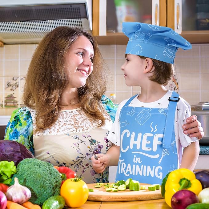 Kids Apron and Chef Hat Set, Funny Apron with 2 Pockets, Adjustable Kids Aprons for Cooking for Boys and Girls