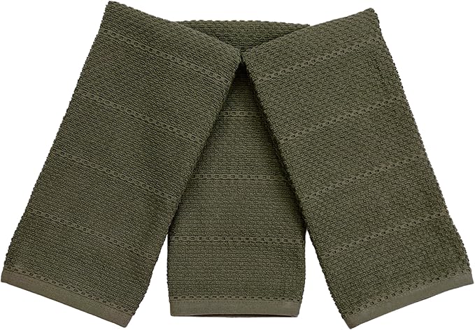 Serafina Home Olive Green Kitchen Hand Dish Towels: Oversized 28" x 18",100% Cotton Cloth Soft Cleaning Drying Absorbent Ribbed Design, Set of 3 Multipurpose for Everyday Use (Olive Textured)