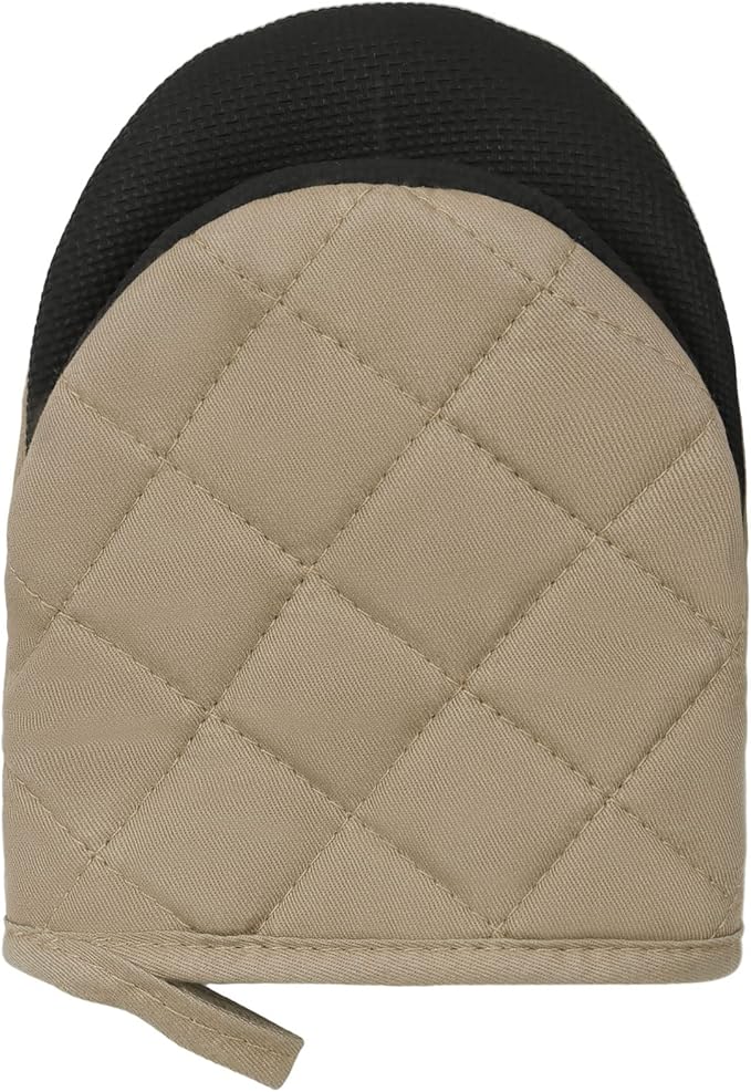 Short Oven Mitts, Heat Resistant 500°F, Silicone Grip Kitchen Gloves, Non-Slip for Baking, Grilling, BBQ, Machine Washable with Hanging Loop, 2-Pack Set, Light Brown