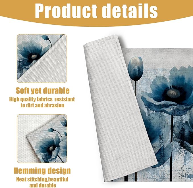 Blue Poppy Flower Placemats Set of 6, Linen Place Mat Washable Stain Resistant Table Mats for Farmhouse Kitchen Dining Holiday Party Wedding Decor 12x18 Inch