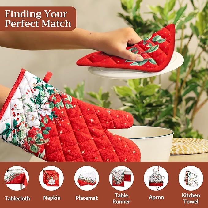 Maison d' Hermine Oven Gloves 100% Cotton Oven Mitt 7" x 13" with Loop Heat Resistant BBQ Cooking Gloves for Thanksgiving Christmas Decorations Baking Handling Hot Pans (Pack of 1, Noel)