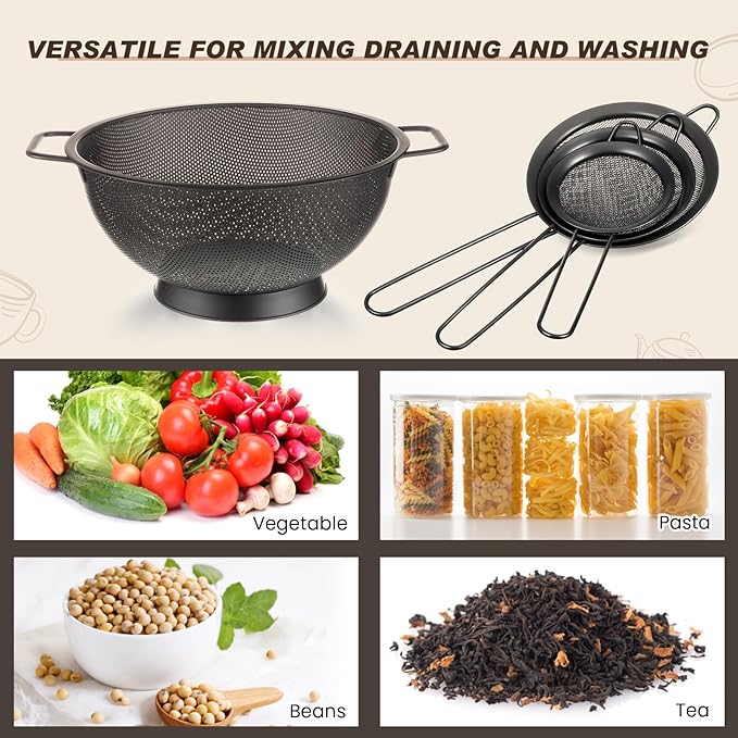 Norme 4 Quart Stainless Steel Black Colander and 3 Pcs Black Fine Mesh Strainer, Stainless Steel Pasta Rice Food Metal Strainer with Handles, Easy Clean and Dishwasher Safe
