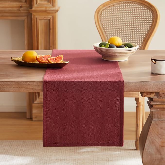 ZeeMart Rustic Cotton Linen Table Runner, 13x60 Inches Burgundy, Farmhouse Style Red Table Runners 60 Inches Long, Washable Kitchen Dining Table Decoration for Home Party Decor
