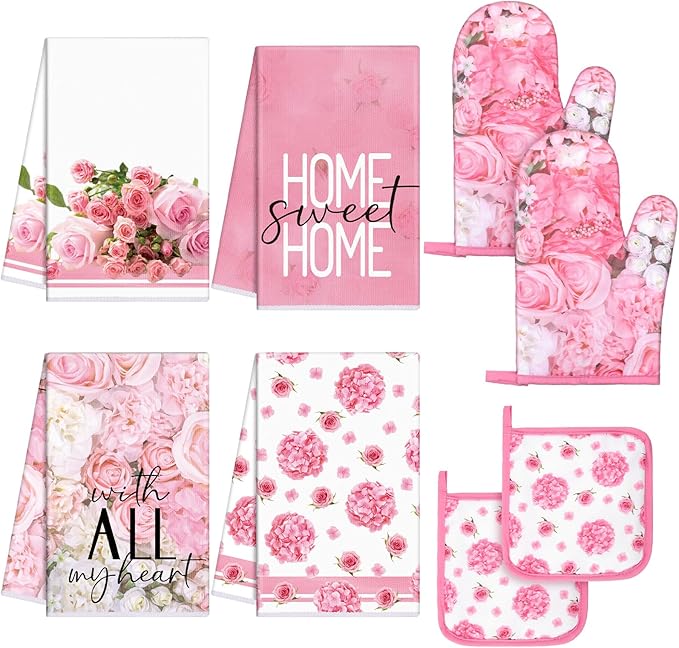 Leinuosen 8 Pcs Pink Rose Kitchen Towels and Dishcloths Sets Oven Mitts and Pot Holders Sets Absorbent Kitchen Gloves Potholders Heat Resistant for Chef Baking Cooking