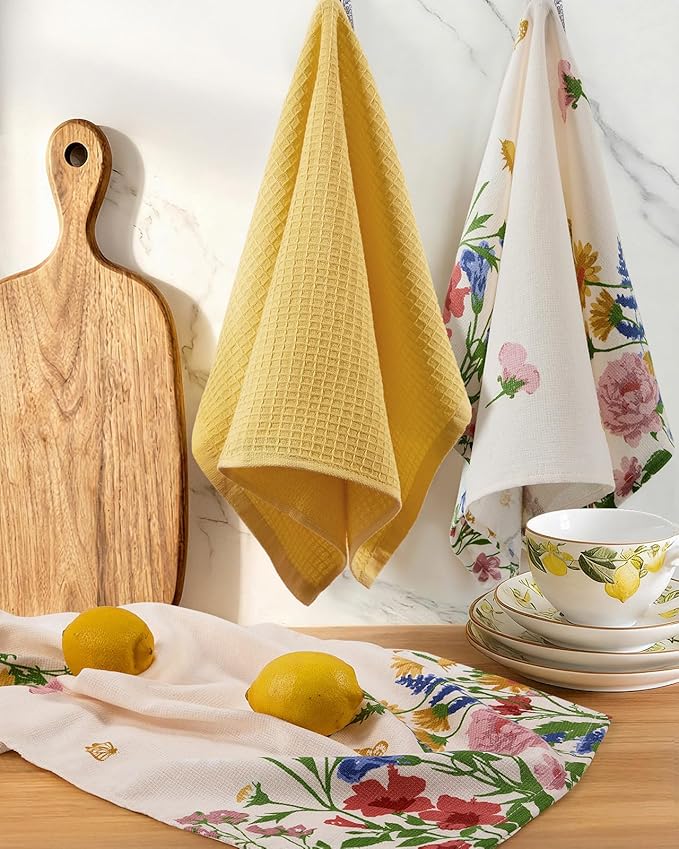 Miss Adola 3pcs Cotton Kitchen Towels - 270 GSM 15x25 Inch Terry Cloths Reusable Dish Cloths for Cleaning Absorbent Soft Hand Tea Towels with Hanging Loop for Housewarming Home Decor, Retro Flower