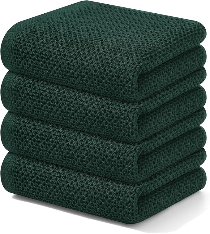 Kitinjoy 100% Cotton Waffle Weave Kitchen Hand Towels (13 X 28 Inches, Blackish Green), 4-Pack Super Soft and Absorbent Dish Towel for Drying Dishes