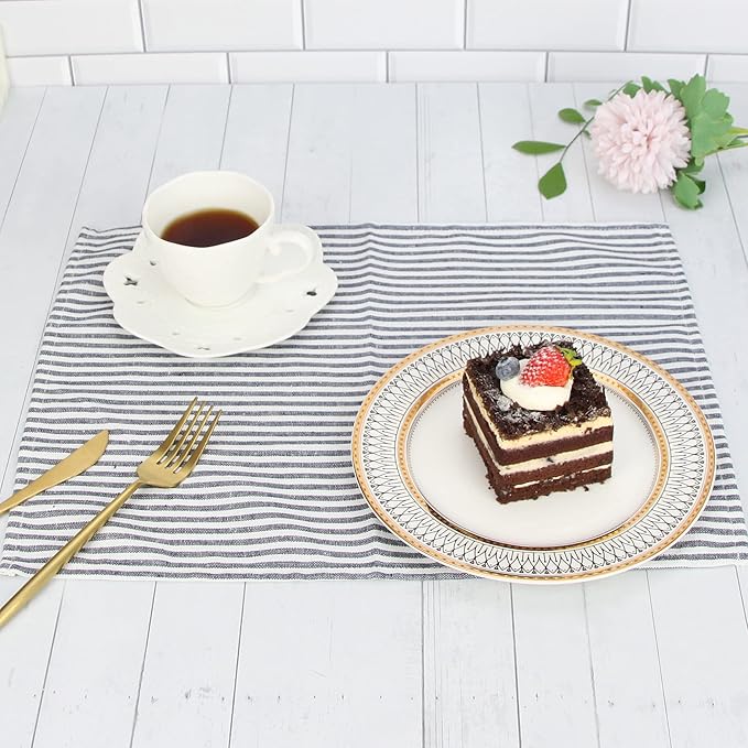 Plain Striped Cotton Linen Blended Dinner Cloth Napkins - Set of 12 (40 x 30 cm) - for Events & Home Use (Navy)