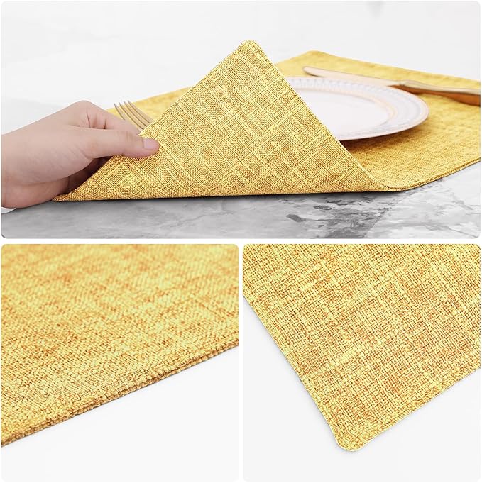 homing Cotton Linen Placemats Set of 6, Cloth Washable Farmhouse Dining Table Mats for Indoors & Outdoors, Easy to Clean, Mustard Yellow, 13 x 19 Inch