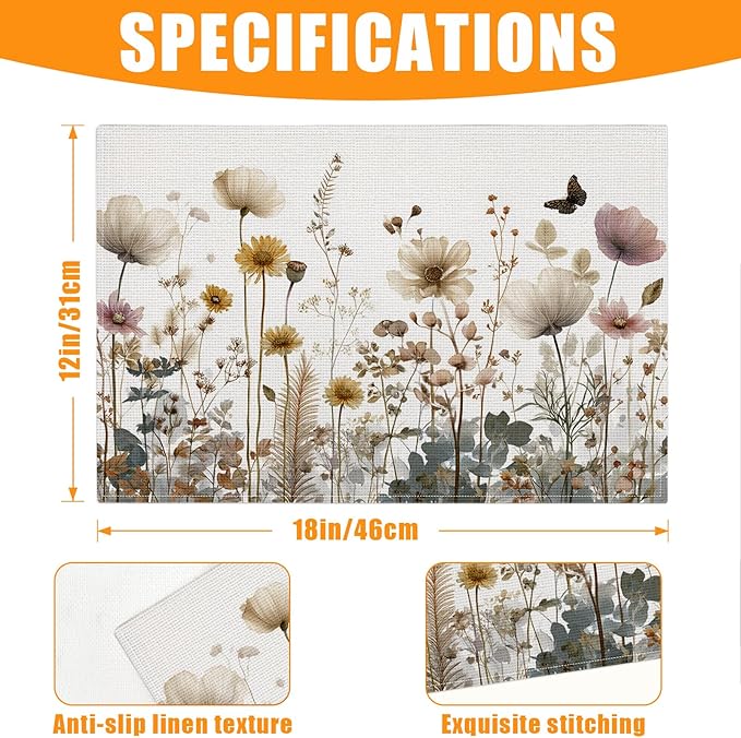 Wildflowers Herbs Placemats Set of 6,12 x 18 Inch Table Mats Washable Heat Resistant Linen Fabric Rectangle Place Mat for Party Home Kitchen Dining