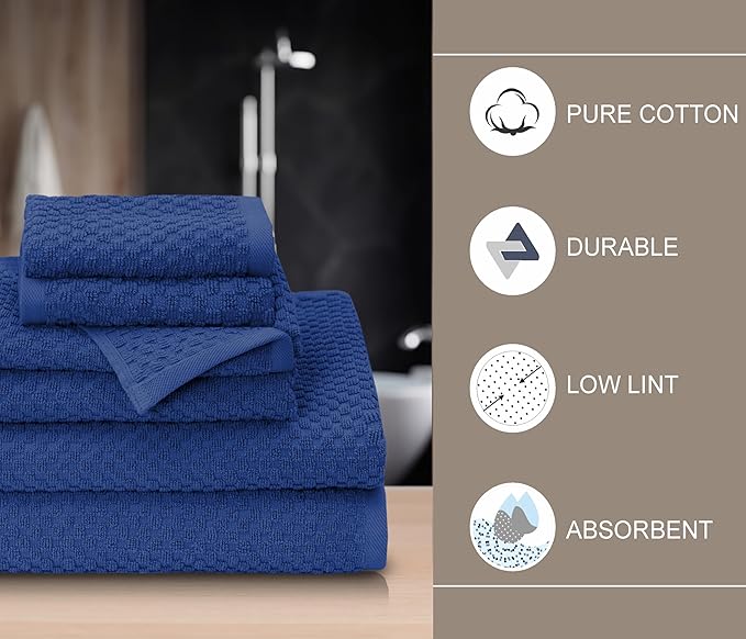 COTTON CRAFT Waffle 6 Piece Towel Set - 100% Cotton - 2 Oversized Luxury Euro Spa Waffle Weave Large Bath Towels, 2 Hand Towels, 2 Washcloths - Absorbent Quick Dry Hotel Bathroom Shower Pool - Blue