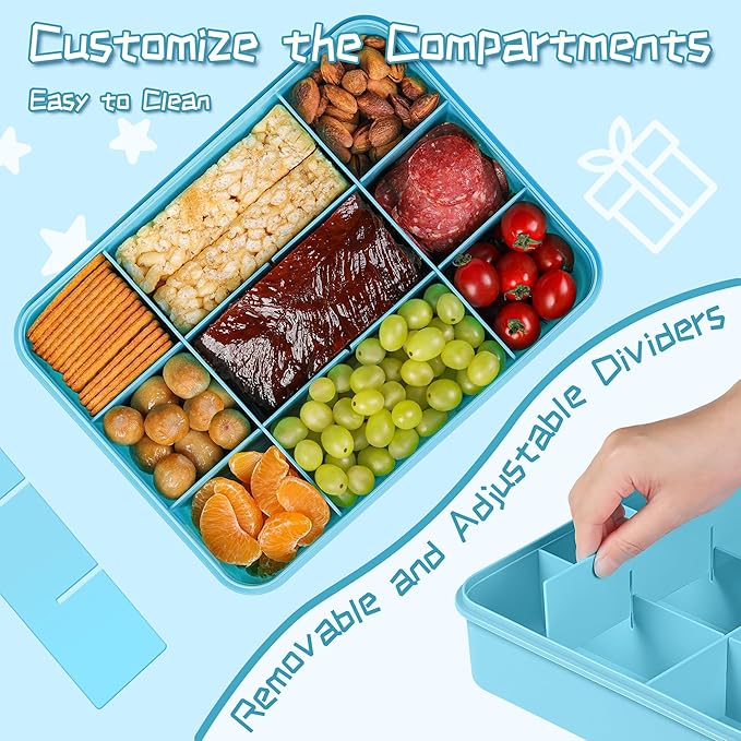 Xyptorix Snack Box Container for Kids - Adjustable 12-Compartment Snack Containers, Reusable Bento Box, Dishwasher Safe, BPA-Free, Perfect for School, Travel, Camping & Picnic, Blue, Large