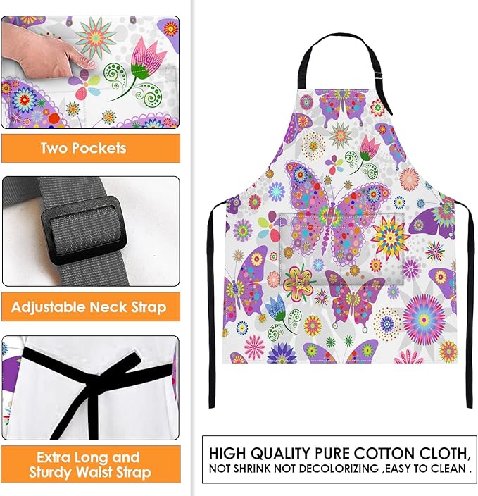 Britimes Butterfly Apron Floral Colorful Butterflies Flowers Aprons Kitchen Cooking Gardening for Women With Pockets